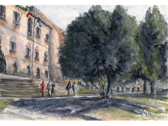 Stroll by the Shade - Watercolour Painting People in Landscape Original Art