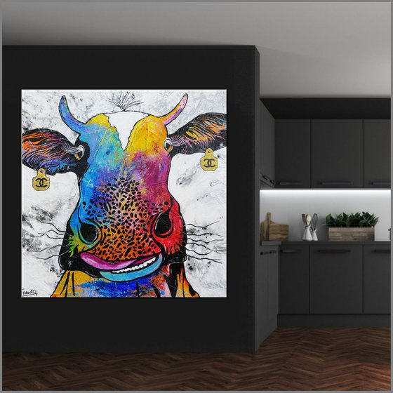 Steerling - Lickety Moo Moo 120cm x 120cm Huge Texture Urban Pop Art