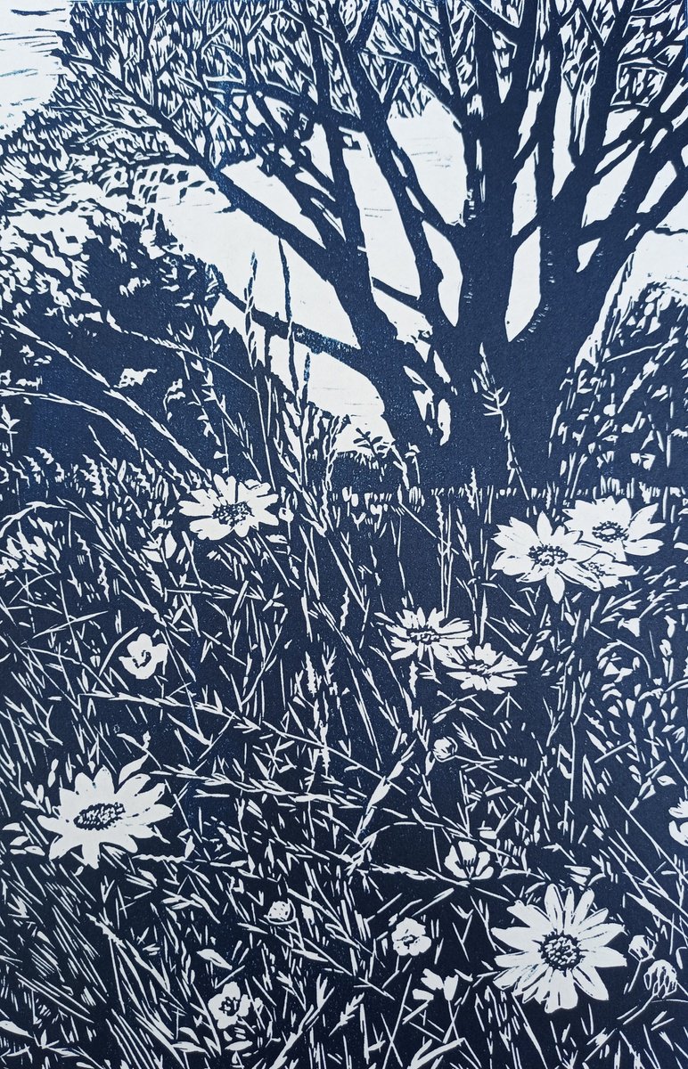 Illustrative Landscape Linocut By Jo Biggadike, 11 X 16, Meet Me At The Meadow, Original Artwork