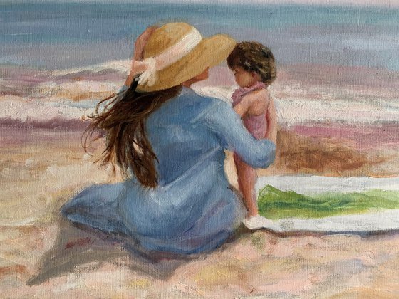 Motherhood-Impressionist beach figure oil painting. 50x70cm.