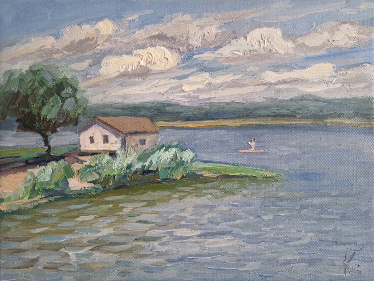 Impressionistic Landscape Oil Painting By Olena Kolotova, 16 X 12", Landscape "On The Lake", 2024, Original Artwork