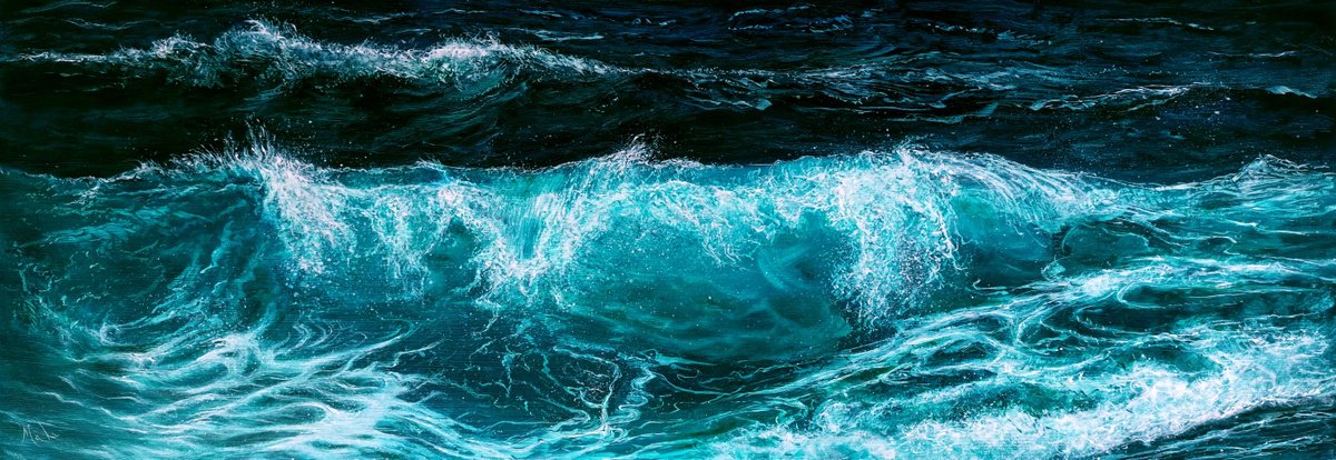 Impressionistic Landscape Oil Painting By Isabel Mahe, 36 X 13, Rough Sea, Original Artwork