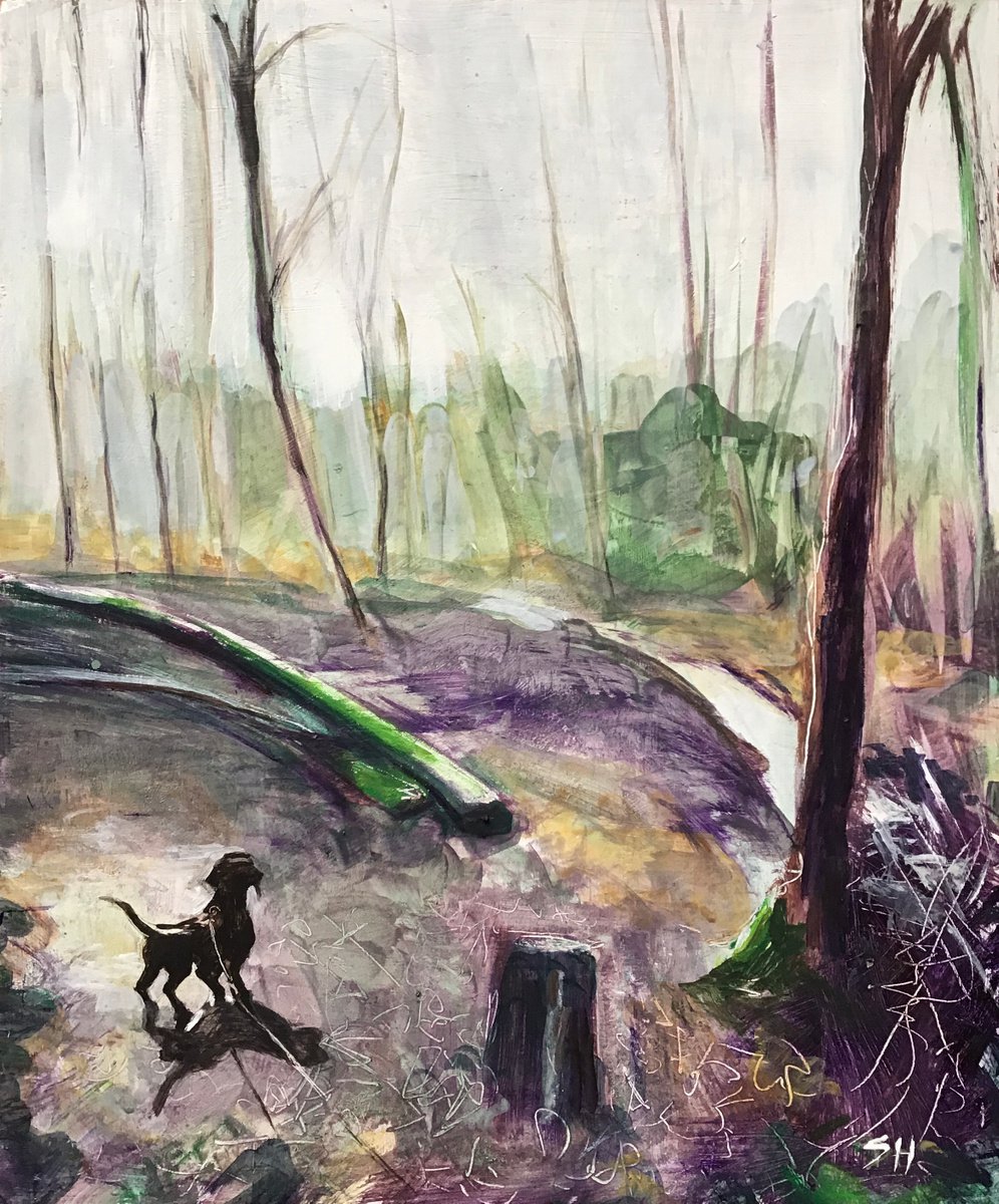 Expressive Animal Acrylic Painting By Sandra Haney, 22 X 26", Dog Walk, Original Artwork