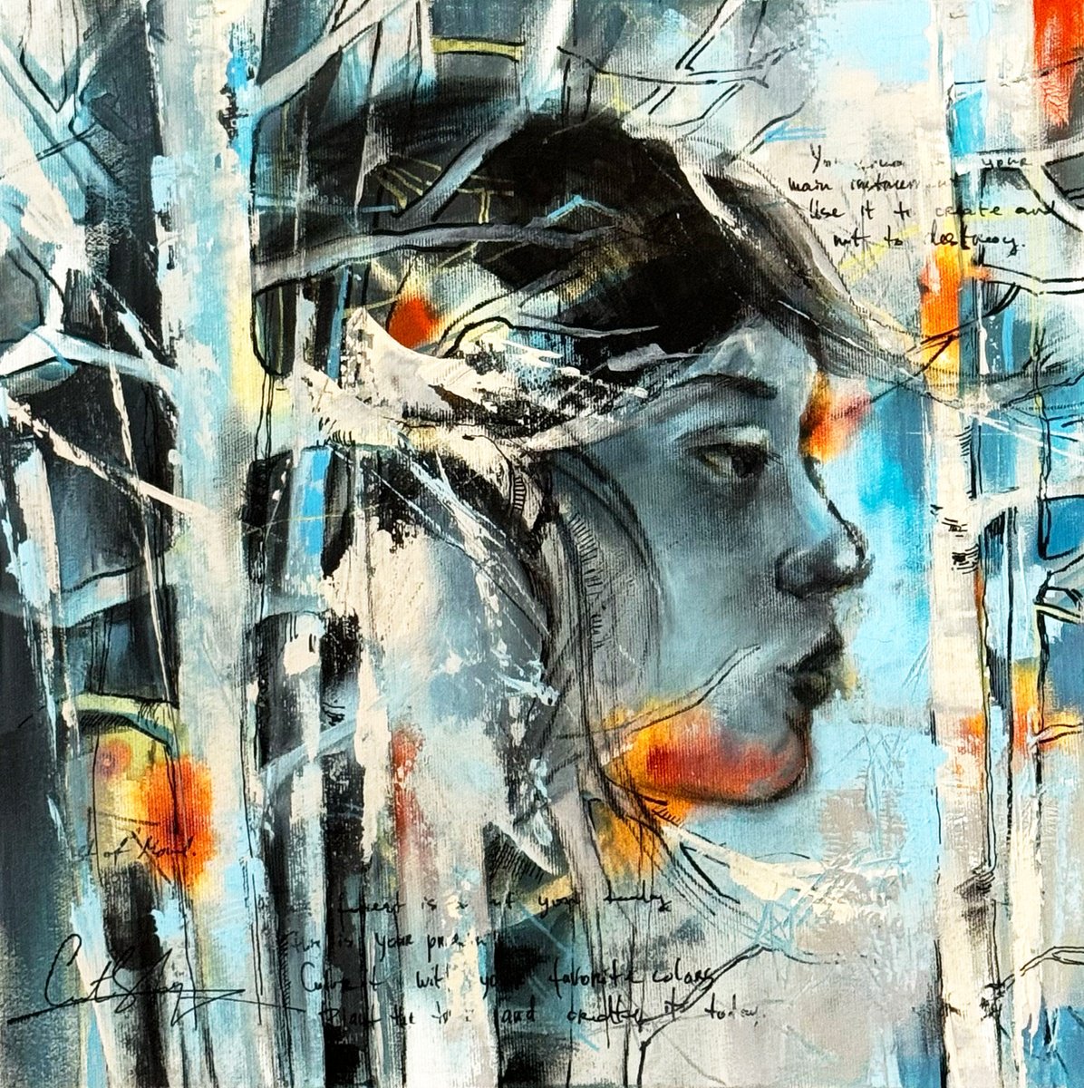 Abstract Portrait Painting By Sophie Rodionov, 15 X 15", Mind And Nature, Original Artwork