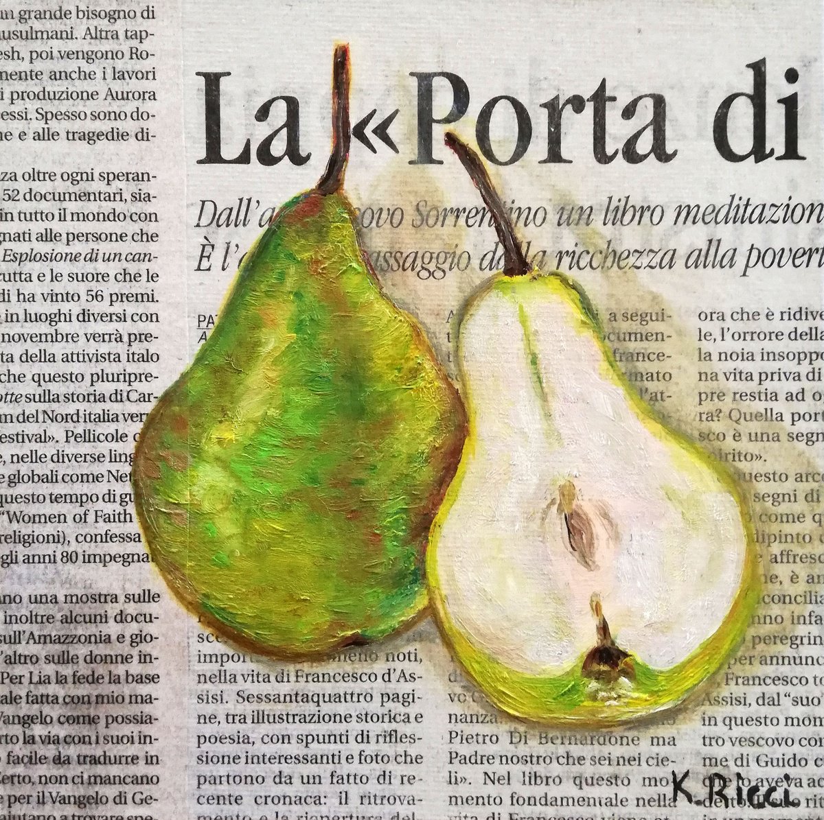 Pear on Newspaper Original Oil on Canvas Board Painting 6 by 6 inches (15x15 cm) by Katia Ricci