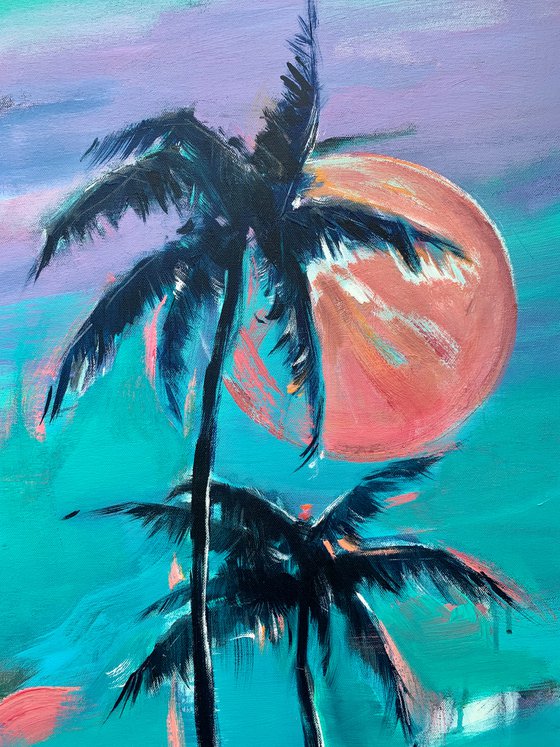 Delicate painting - "Pink moon" - Pop Art - palms and sea - night seascape - 2022