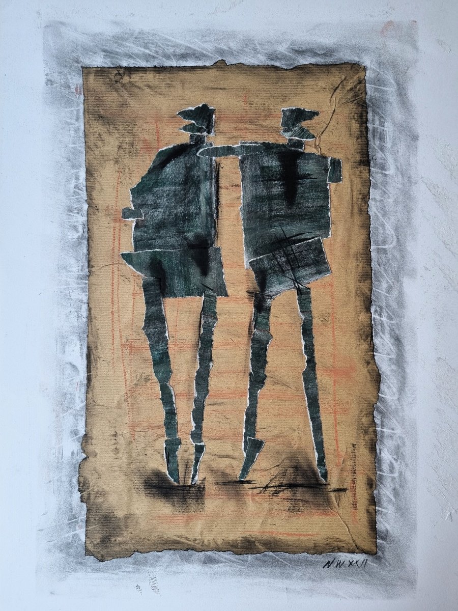 Abstract Portrait Collage By Neil Wood, 17 X 24", Two Figure Study, Original Artwork