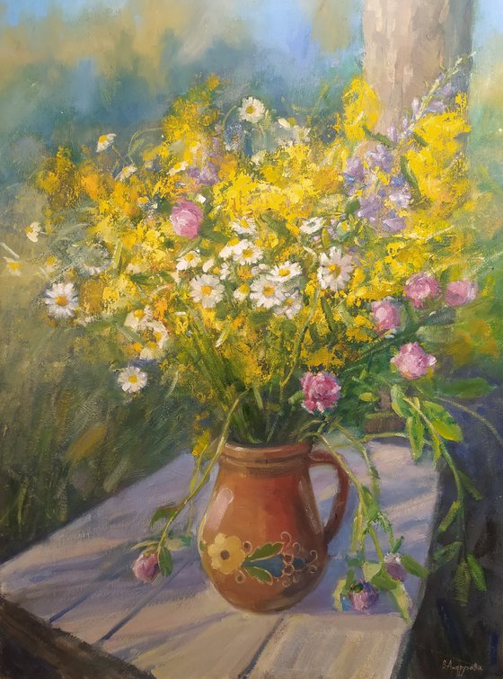 Summer bouquet on the bench