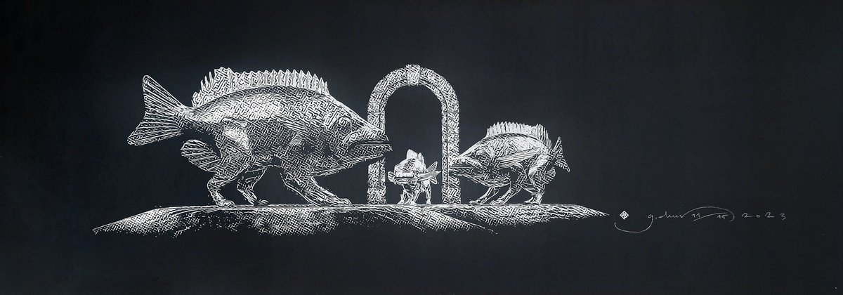 Surrealistic Animal Screenprint By Gokhan Okur, 39 X 14, Ancient Gate Guards 01, Original Artwork