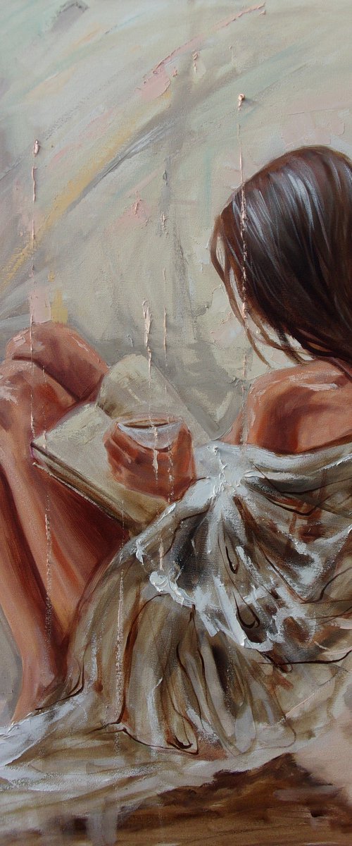 " SPRING STORY ... "- liGHt BOOK COFFEE ORIGINAL OIL PAINTING, GIFT, PALETTE KNIFE nude WINDOW (2021) Edit by Monika Luniak