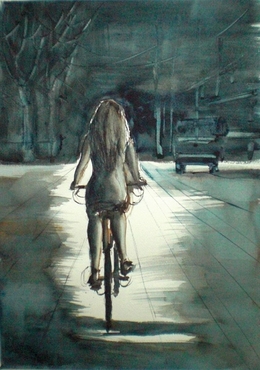 Expressive Portrait Watercolour By Giorgio Gosti, 12 X 16, Riding The Cycle, Original Artwork