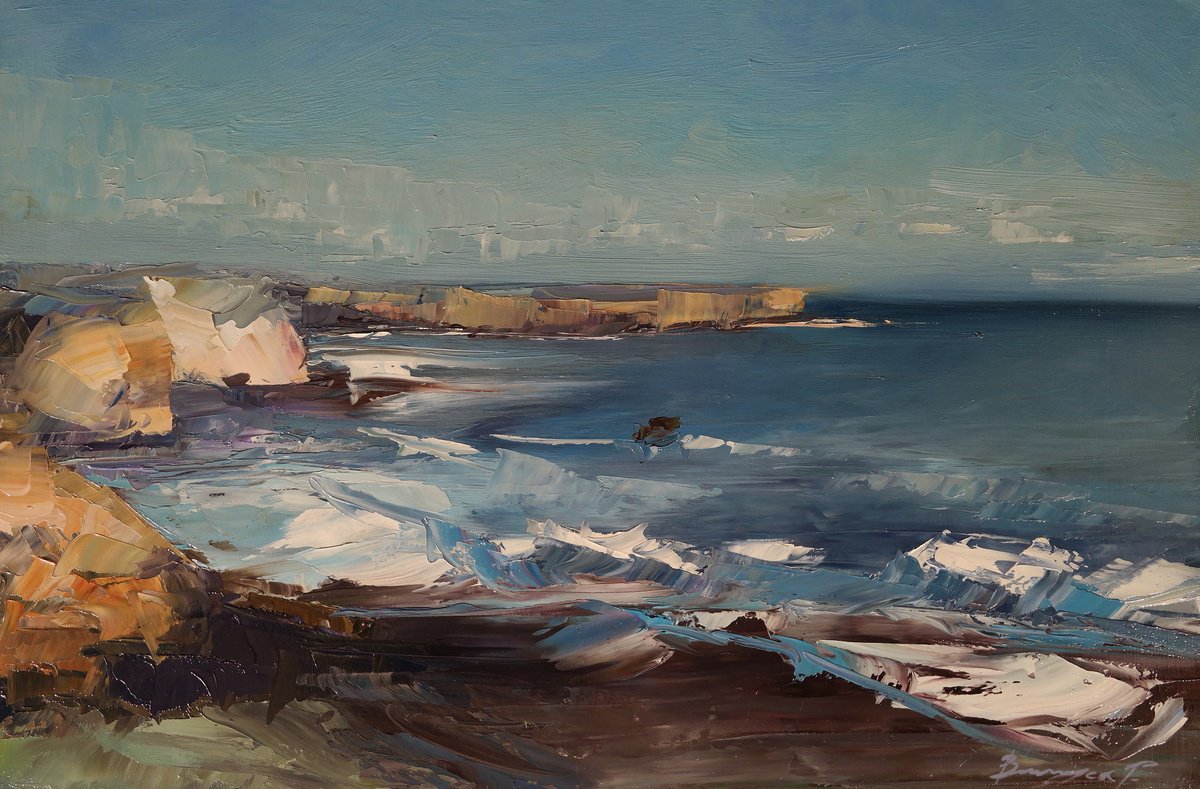 Impressionistic Landscape Oil Painting By Gennady Vylusk, 24 X 16, Coastal Serenity, Original Artwork