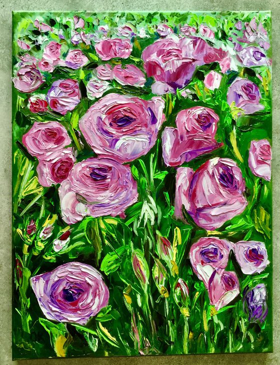 PINK PURPLE ROSES  palette knife modern still life  flowers office home decor gift