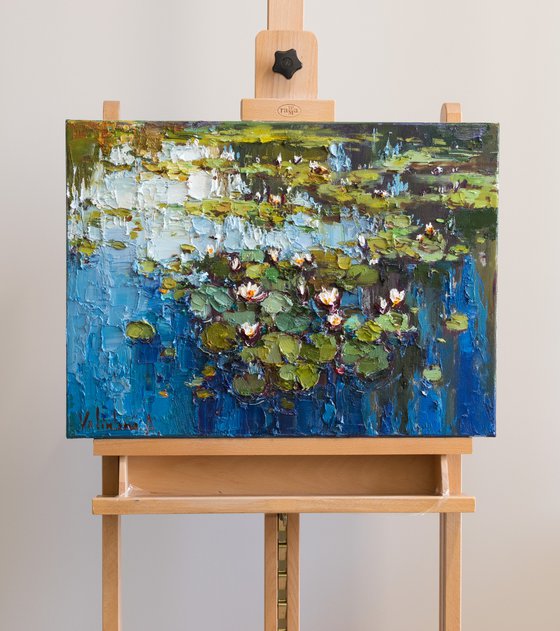 White Water Lilies - Pond flowers  Impasto Original Oil painting