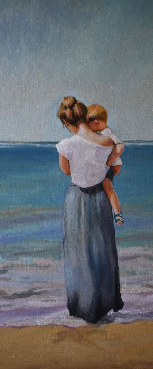 Motherhood-Impressionist beach figure oil painting. 50x70cm. by Jackie Smith