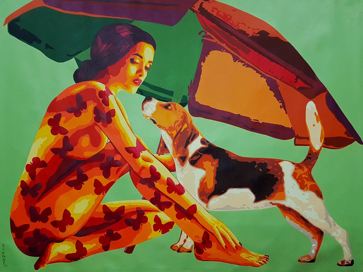 Urban And Pop Portrait Acrylic Painting By Sonaly Gandhi, 48 X 36", Lady, Dog And Beach Umbrella, Original Artwork