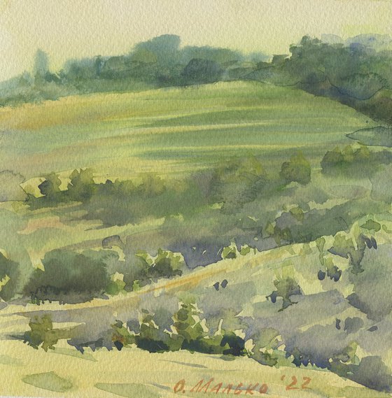 Green hills. Summer sketch / ORIGINAL picture Small size watercolor Square format