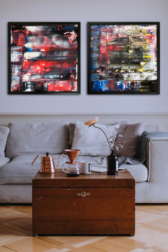 "Come Home To Me" - Original PMS Abstract Diptych Acrylic Paintings On Plexiglass, Framed - 52" x 26"