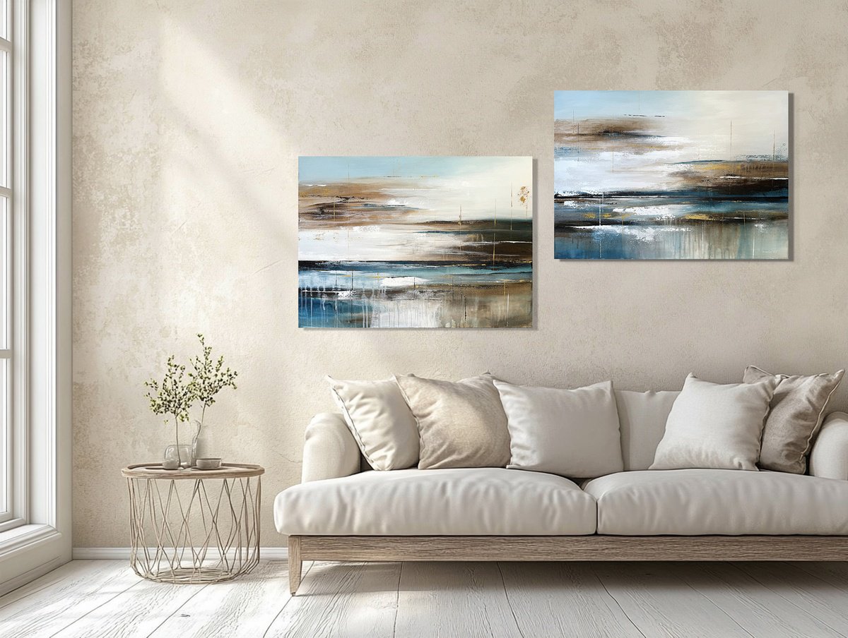Organic Landscape Acrylic Painting By Tatiana Malinovscaia, 55 X 20", Azure Shores Diptych, Original Artwork