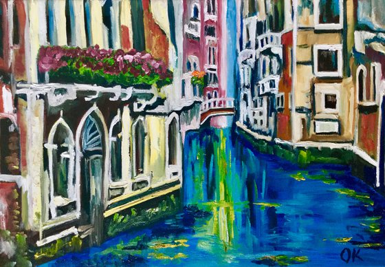 VENICE CANAL BRIDGE. PALETTE KNIFE OIL PAINTING. OFFICE URBAN WALL ART