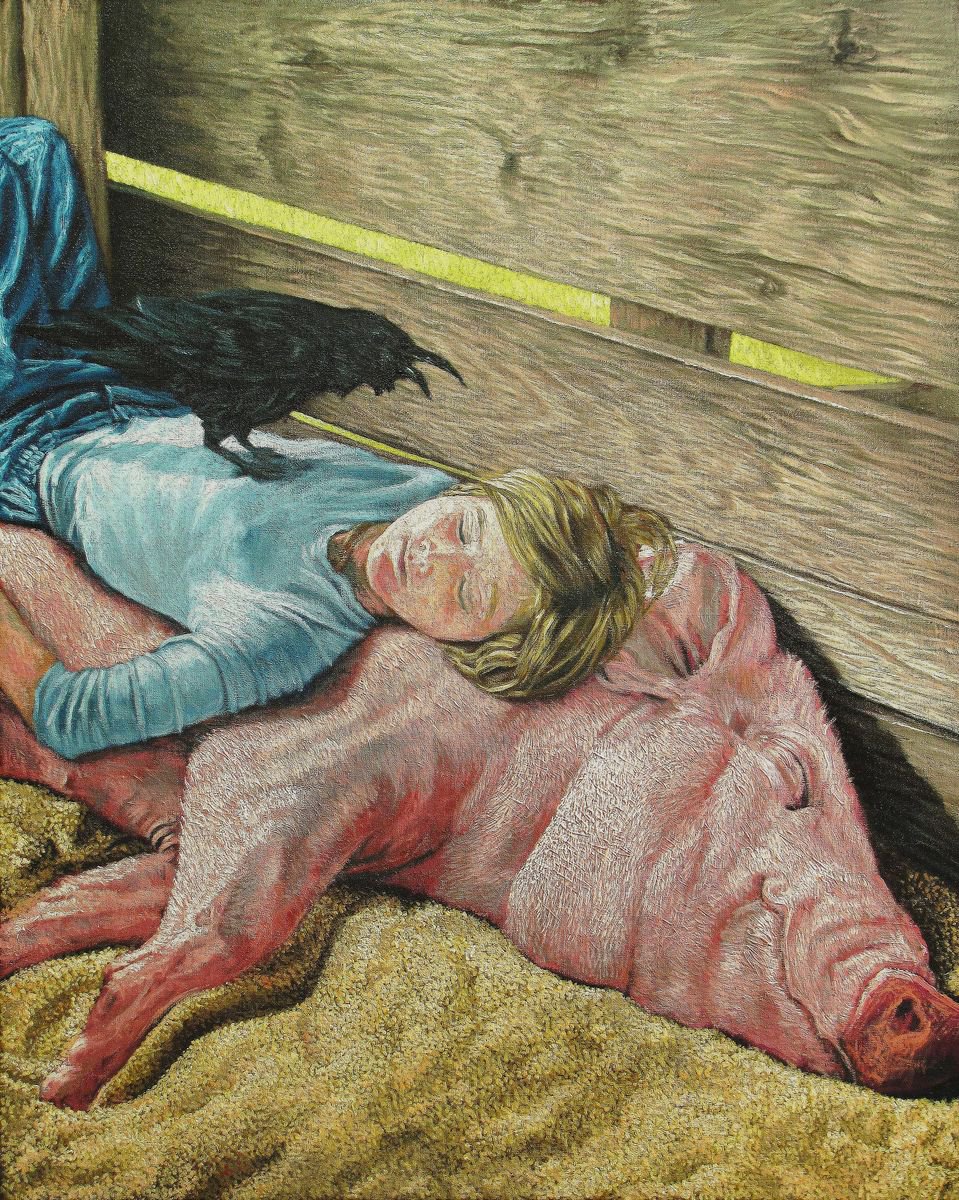 Portrait Oil Painting By Antonio Mele, 39 X 49, Sleep In The Barn., Original Artwork