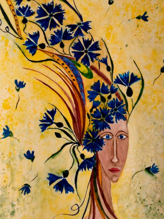 Flower Head Painting Cornflowers Original Art Woman Artwork Female Portrait Watercolor Wall Art 12 by 17 inches