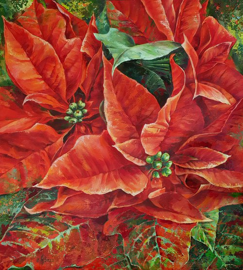 Two stars - oil painting, red flower, gift idea, contemporary art by Elena Smurova