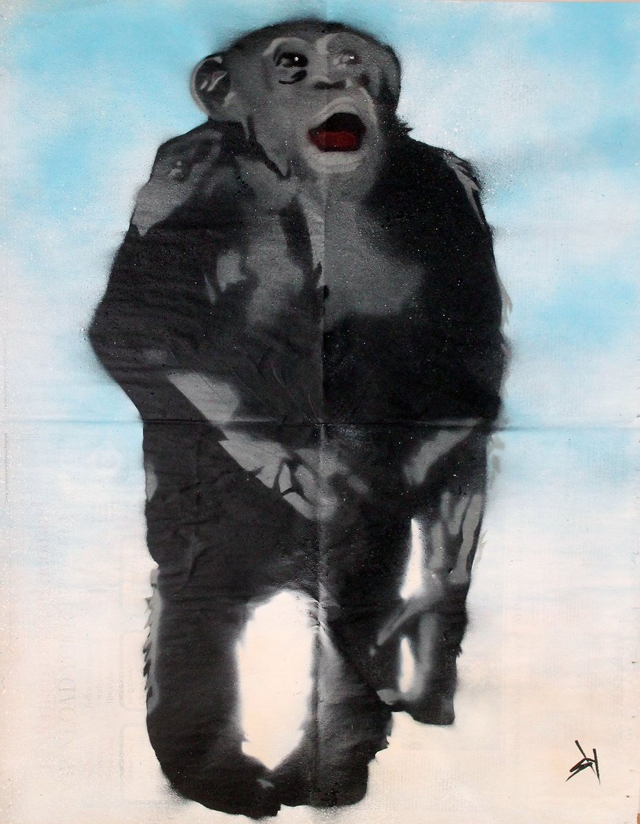 Urban And Pop Animal Painting By Juan Sly, 23 X 30", Laboratory Chimp... (U), Original Artwork