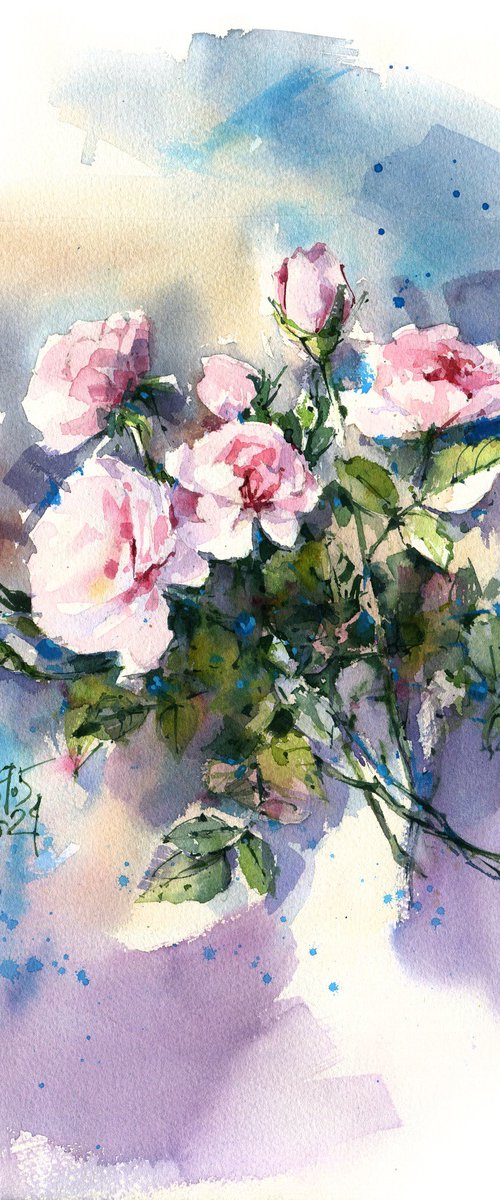 "Melody of a clear sky" bouquet of delicate light pink garden roses impressionism watercolor by Ksenia Selianko
