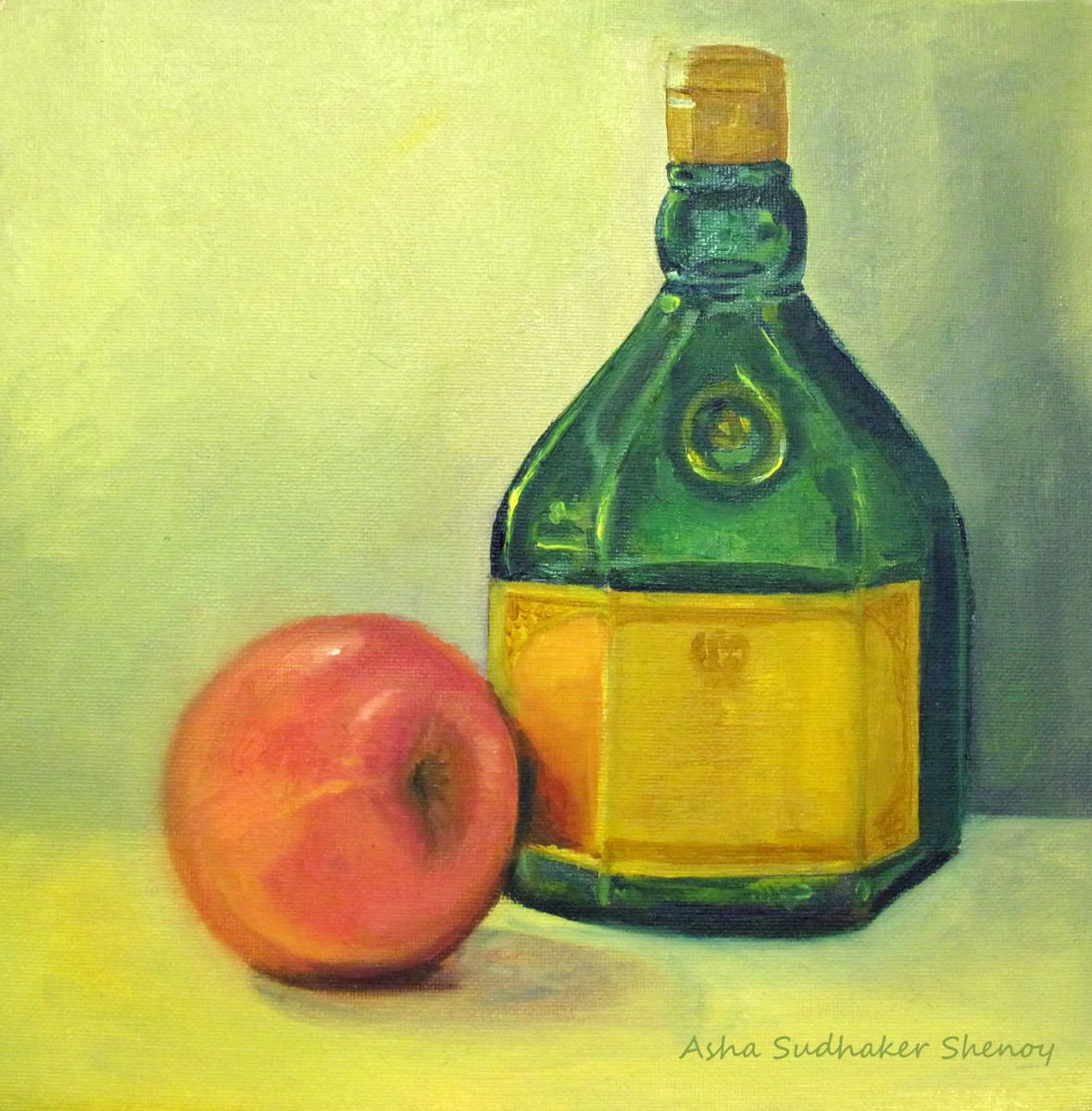 Impressionistic Still Life Oil Painting By Asha Shenoy, 12 X 12, Apple And Green Bottle, Original Artwork