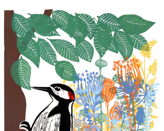 Woodpecker and Flowers