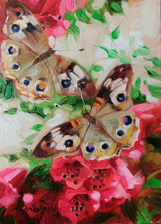 Eyes pansy butterfly on pink neon flowers painting original art 7x5,