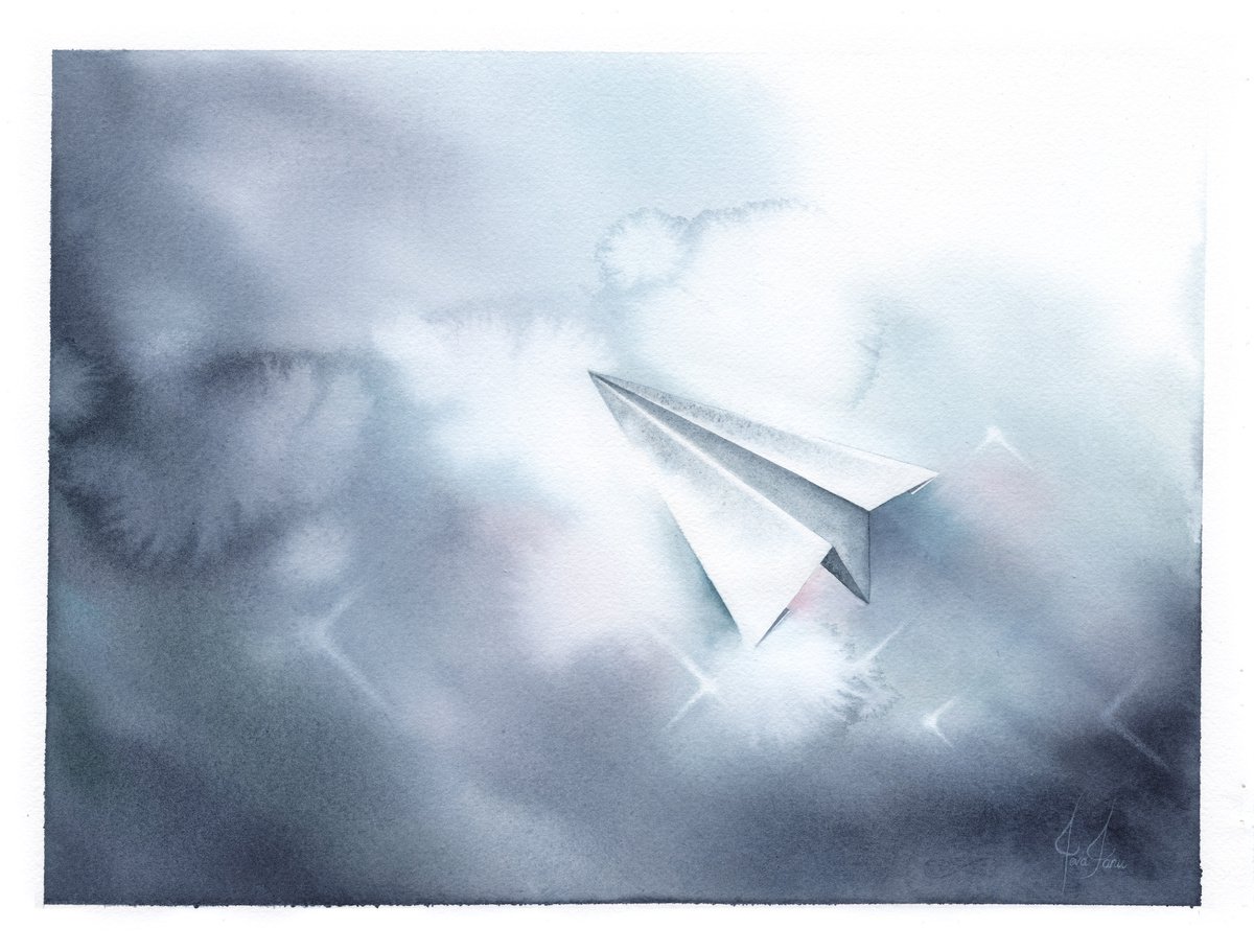 Promises - Paper Plane Watercolor by ieva Janu