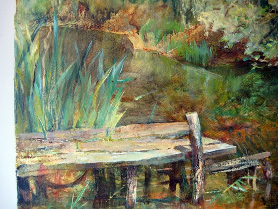 A place of relaxation. Near the bridge. Original oil painting