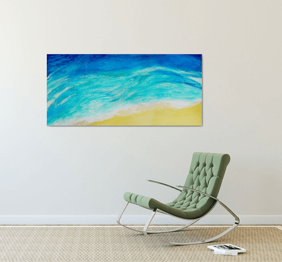 Whispering Waves  (Ready to hang - Large painting in turquoise and blues, water, seaside, waves)