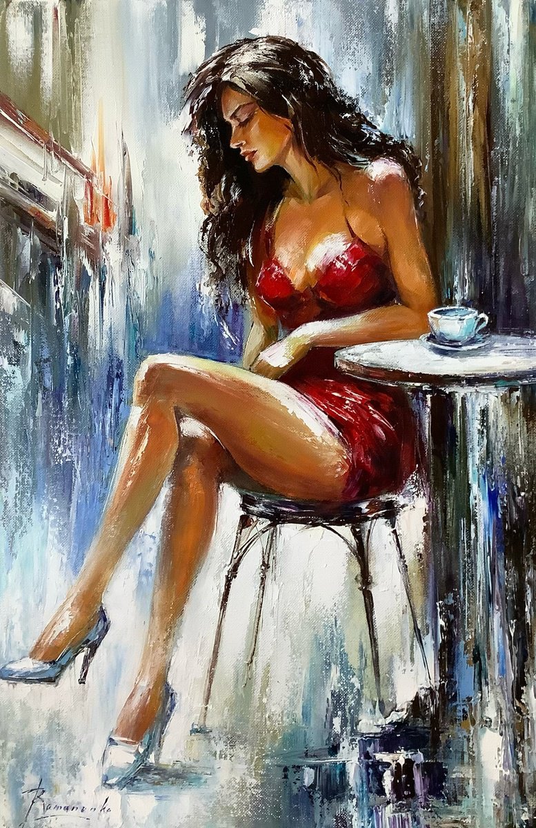 Impressionistic Portrait Oil Painting By Olena Romanenko, 16 X 24", Hot Cappuccino, Original Artwork