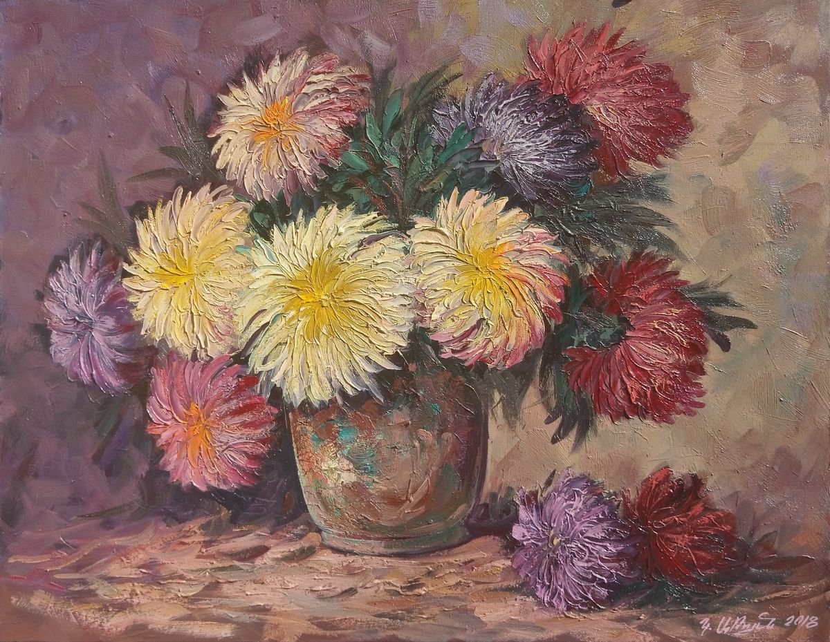 Impressionistic Botanical Oil Painting By Kamo Atoyan, 35 X 28", Chrysanthemum, Original Artwork