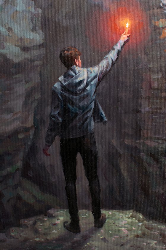 IN SEARCH OF TRUTH by Yaroslav Sobol (Original oil painting, The young man went deep into the cave to get answers to his questions.)