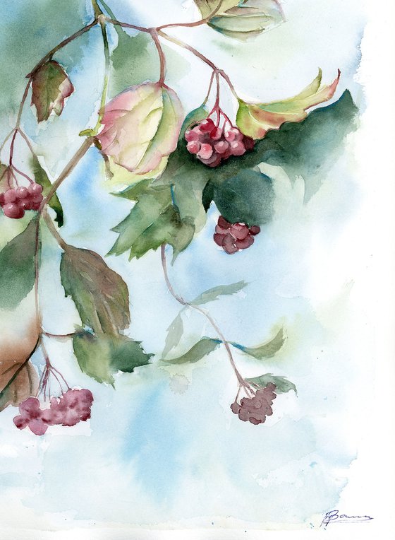 Branch with red berries - Original Watercolor Painting