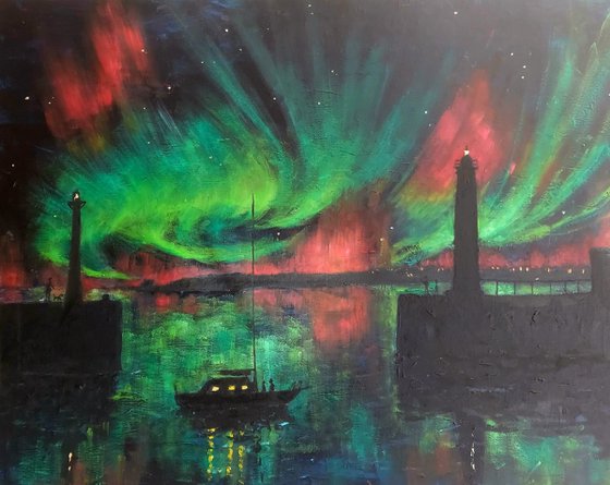 aurora over anstruther harbour