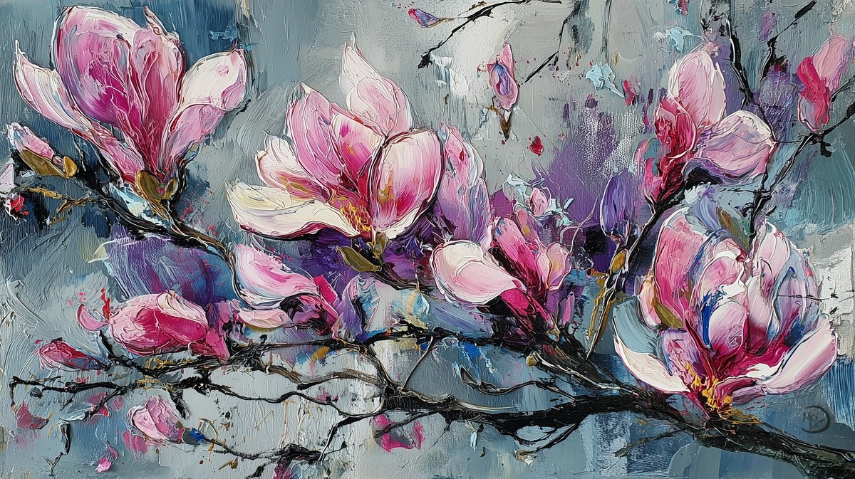 Impressionistic Botanical Giclee Print By Mily Art, 20 X 12", Magnolias On Beige, Original Artwork