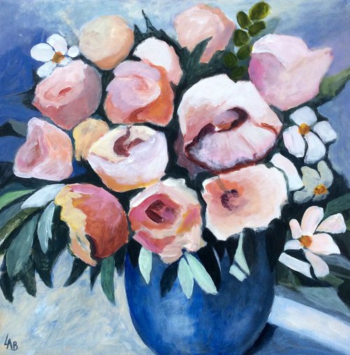 Pink Roses in Blue Vase by Linda Bartlett