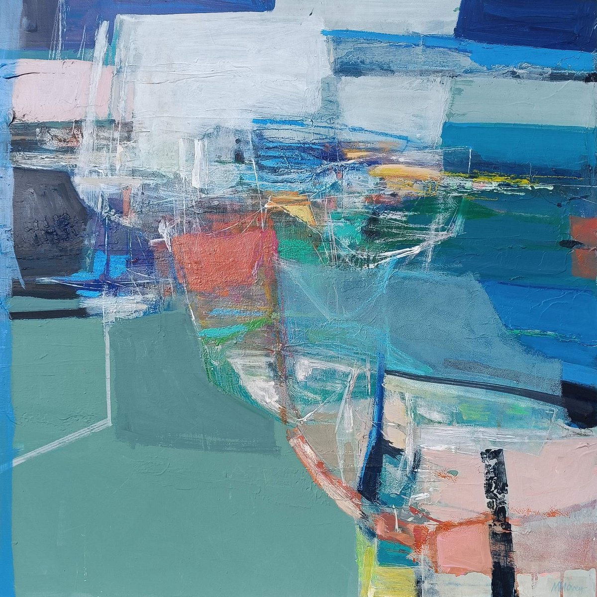 Abstract Landscape Acrylic Painting By Magdalena Morey, 33 X 33", Between The Ropes, Original Artwork