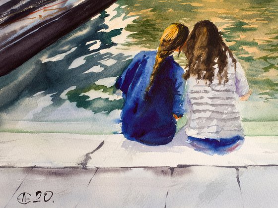 Venice. Two friends. Big format watercolor urban landscape Mediterranean italy sea bright architecture friendship girls urban gondola old travel