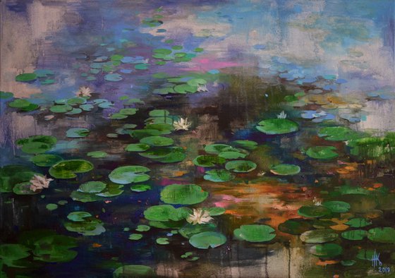 Lily pond. Wavy mirror