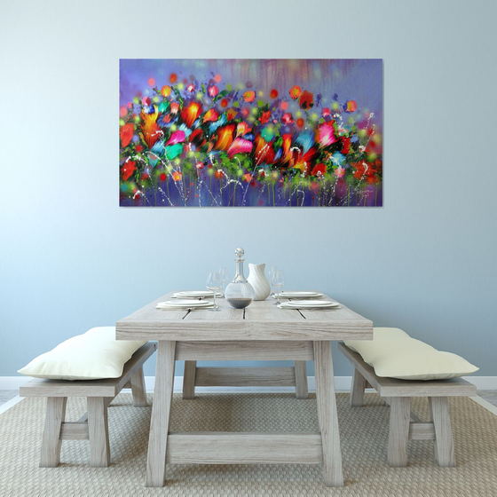 63" VERY LARGE Flowers Painting "Evening Song of Flowers"