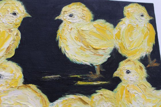 "Oh! What a busy day today" - Chicks - chicken painting - roosters - Oil painting on canvas board - Easter - special cockerel