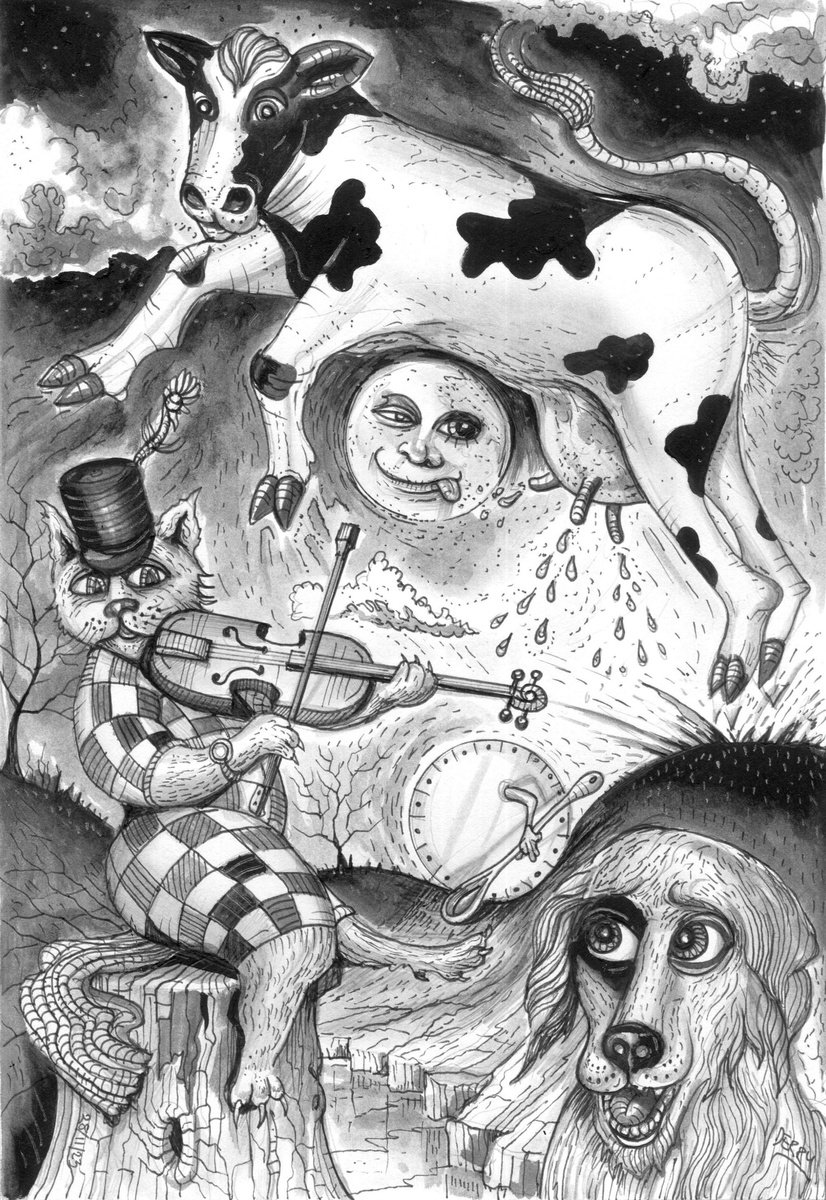 Surrealistic Animal Drawing By Spencer John Derry, 8 X 12", Hey Diddle Diddle, Original Artwork