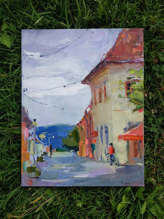 Streets of the old city Bardejov . Slovakia . Original plain air oil painting
