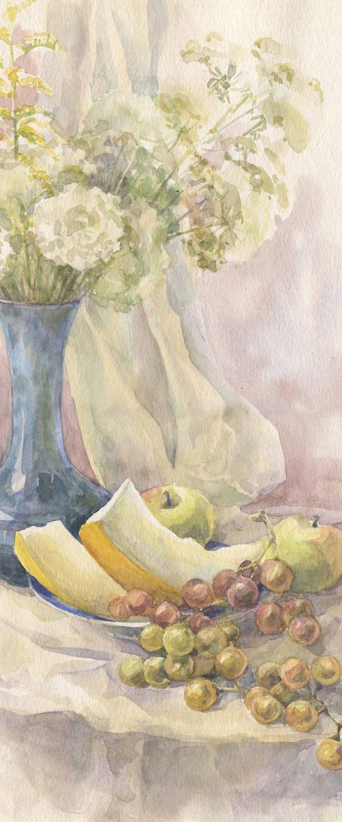 Still life with melon slices / Fruits and flowers Light summer watercolor by Olha Malko